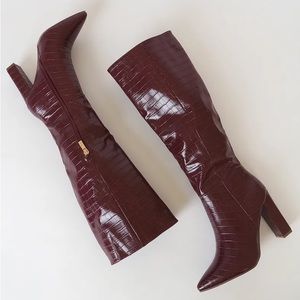 Shaun Burgundy Crocodile-Embossed Pointed-Toe Knee High Boots